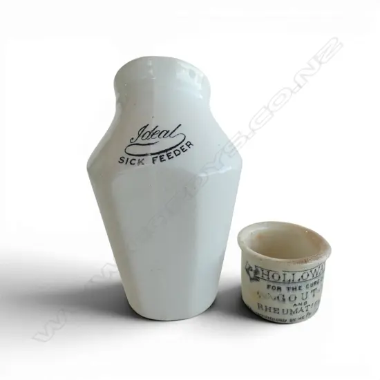 OLD CERAMIC 'IDEAL SICK FEEDER' JUG + 'HOLLOWAY'S OINTMENT' SMALL POT