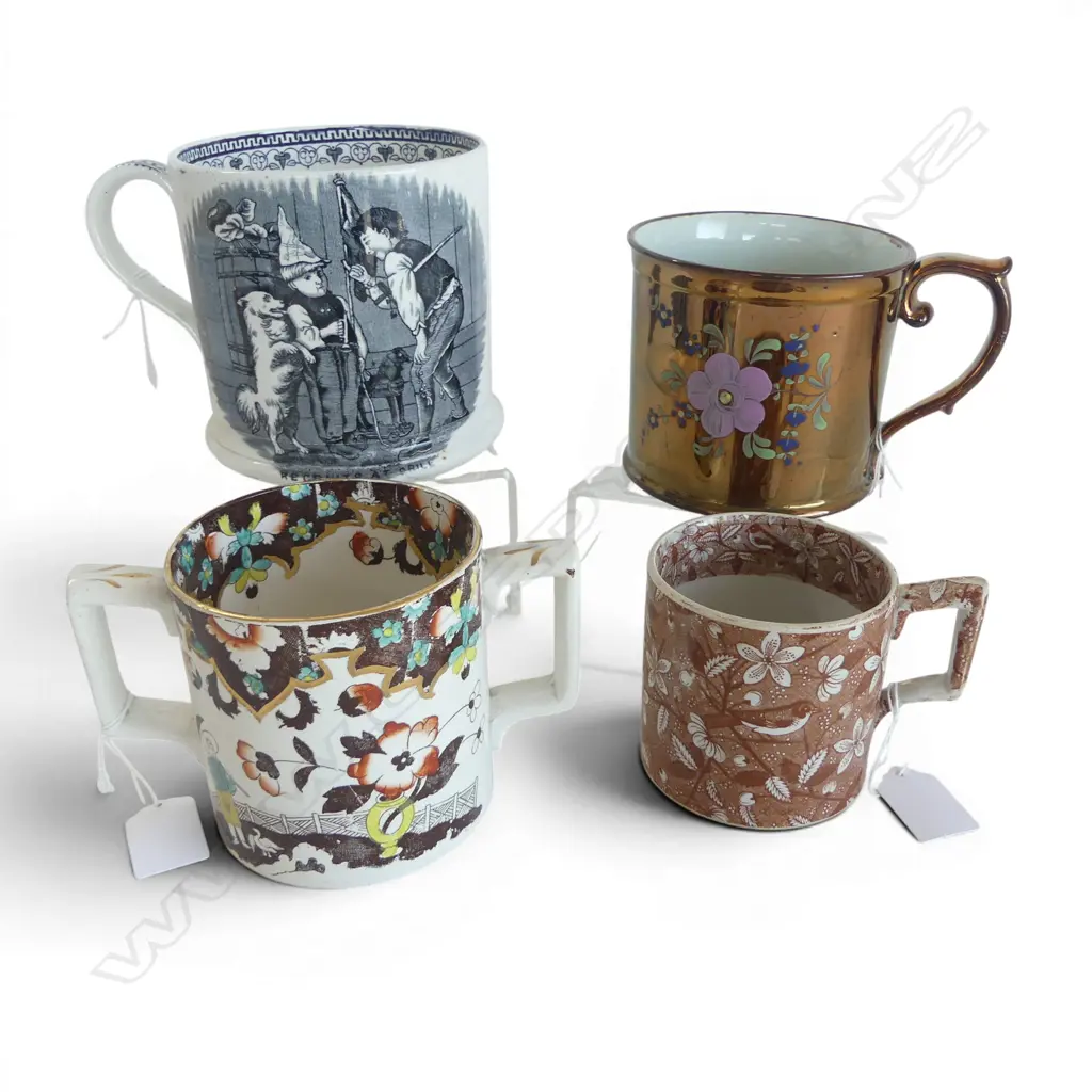 4 ANTIQUE ENGLISH MUGS LUSTRE & TRANSFERS H130MM TALLEST Image 1++