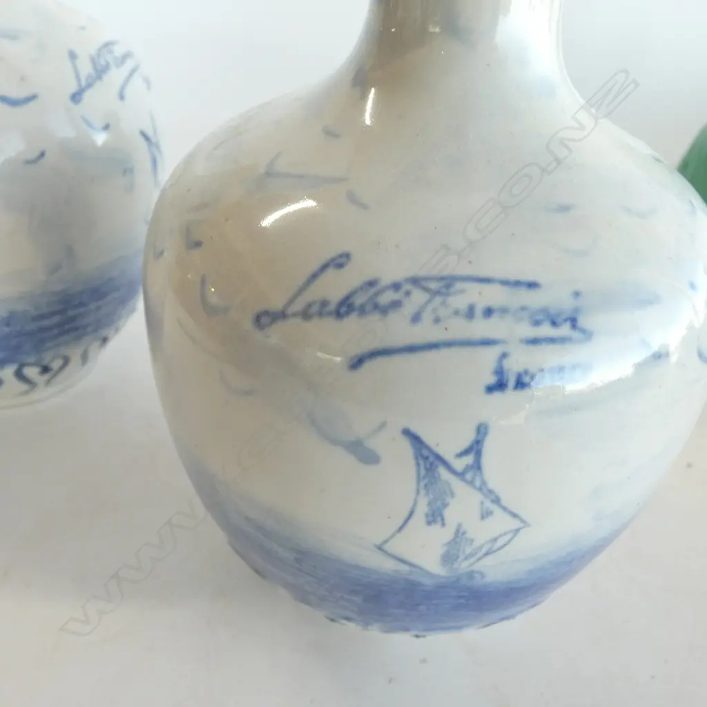 PR 1930's L'ABBE FRANCOIS CERAMIC DECANTERS w hand painted Delft blue nautical design, H.260mm Image 1++
