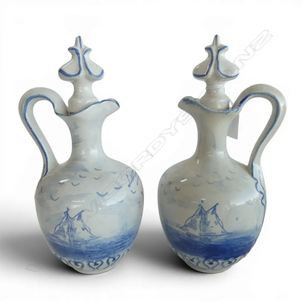PR 1930's L'ABBE FRANCOIS CERAMIC DECANTERS w hand painted Delft blue nautical design, H.260mm Image 1++
