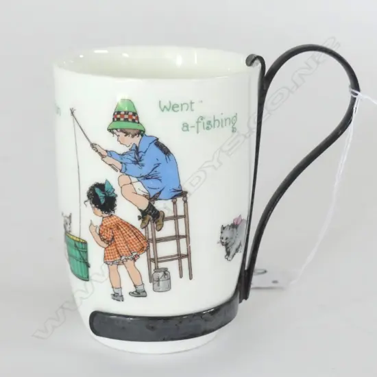 ROYAL DOULTON "SIMPLE SIMON WENT A-FISHING" BEAKER, SILVER PLATE HANDLE, H.90mm
