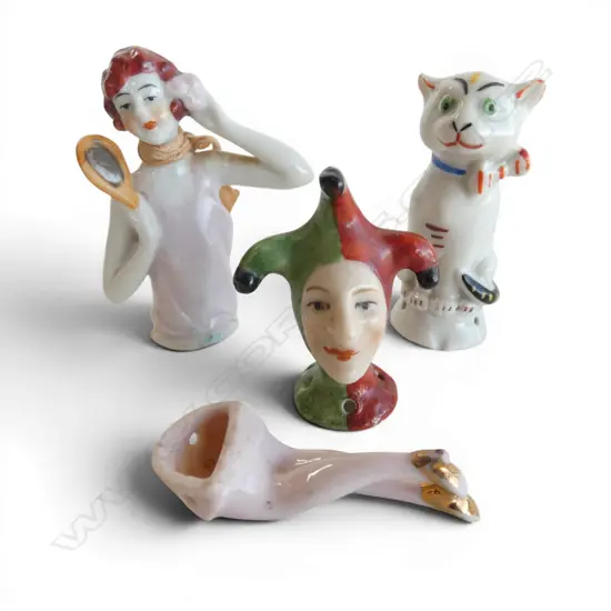 4 CHINA HALF DOLLS; CAT, FLAPPER, LEGS & JOKER