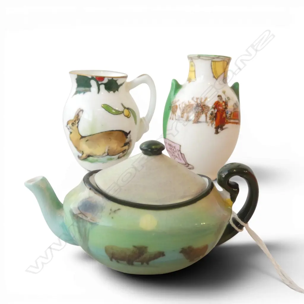3 ROYAL DOULTON MINIATURES; 2 CHRISTMAS THEMED & PASTORAL SCENE TEAPOT Image 1++