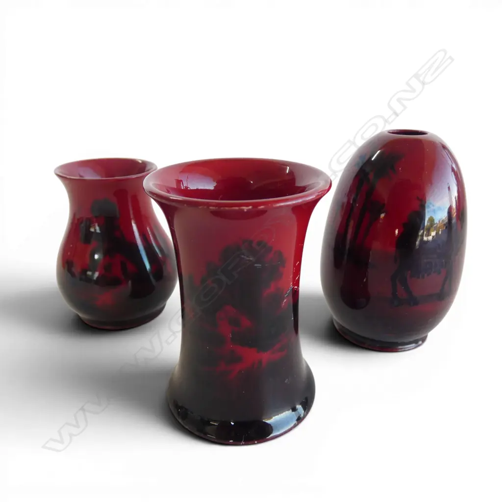 3 ROYAL DOULTON FLAMBE MINIATURE VASES, H.50,60,65mm Image 1++