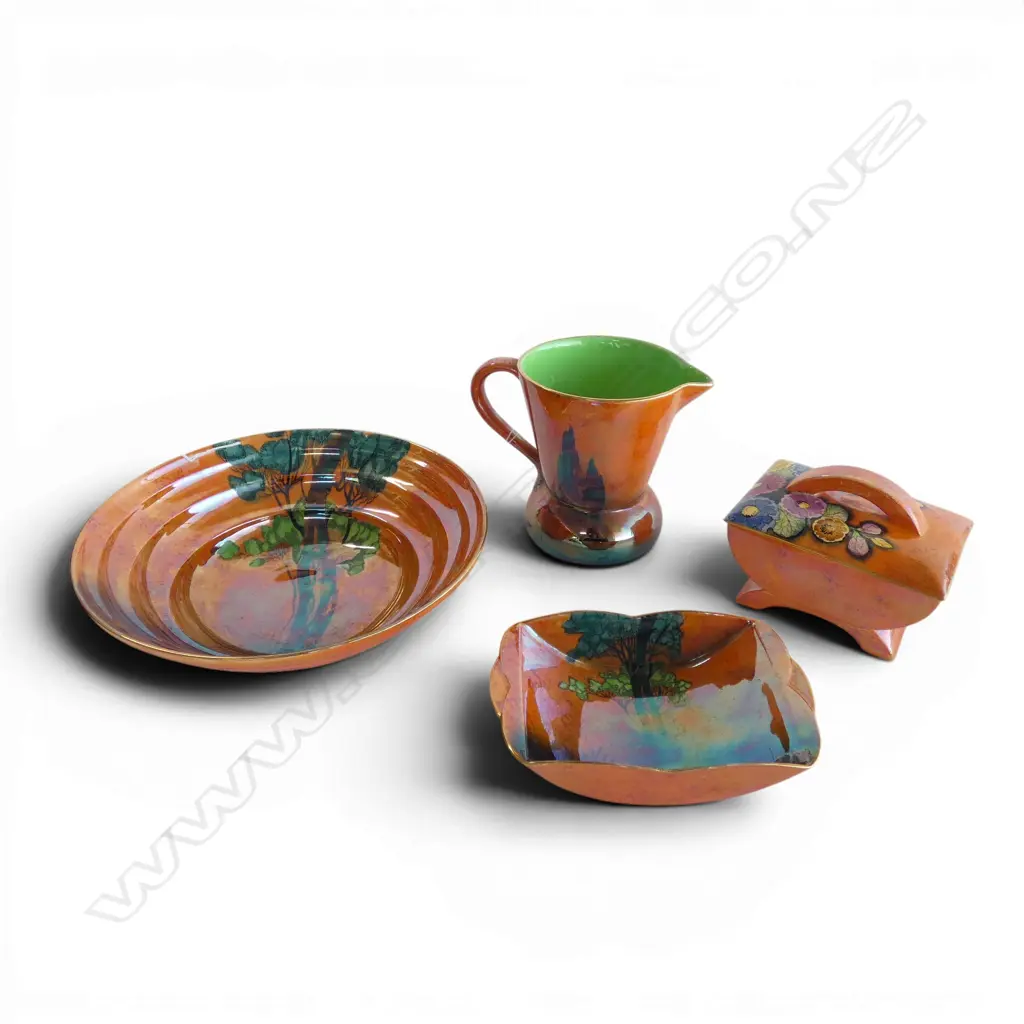 4PCS ORANGE LUSTER CARLTONWARE CHINA BOWL DIA230MM JUG H130MM DISH L160MM & LIDDED BOWL L130MM Image 1++