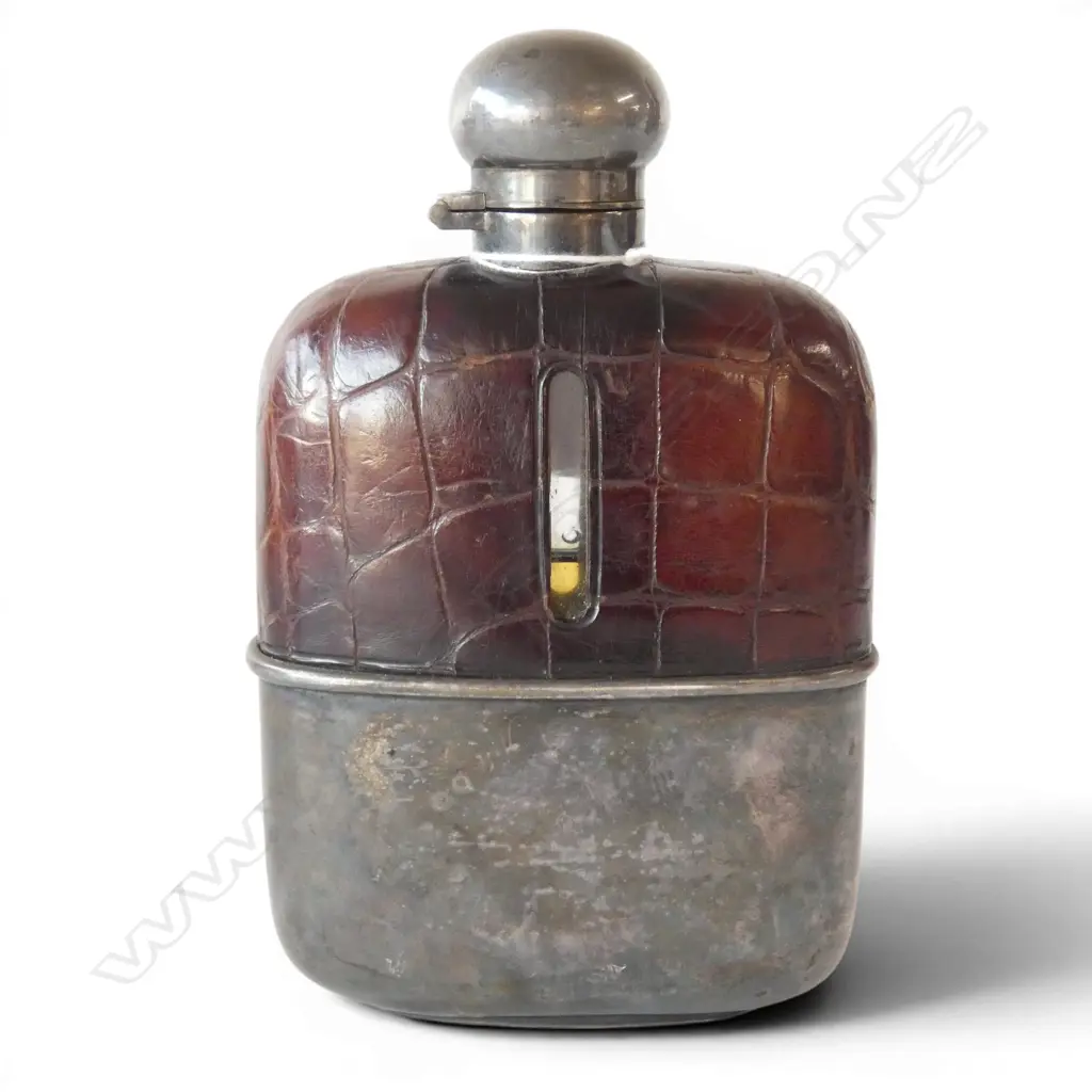 SILVER PLATE & LEATHER COVERED GLASS HIP FLASK with cup base Image 1++