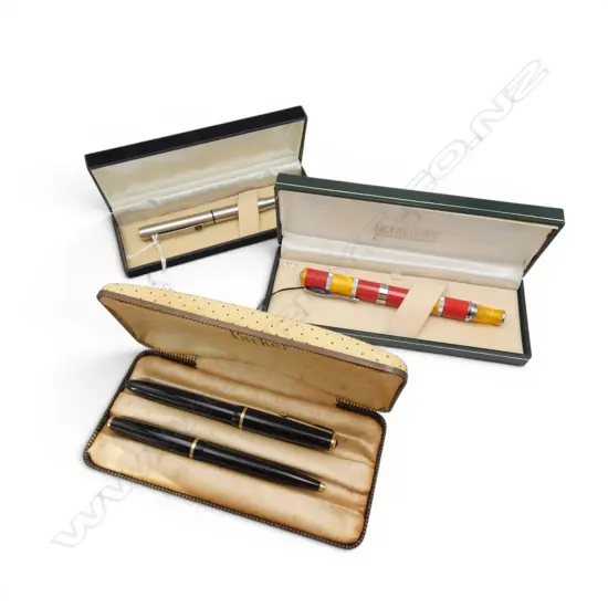 3 BOXED PENS; 3 PARKERS; 14CT FOUNTAIN & BALLPOINT + OTHER + MONTE VERDE FOUNTAIN