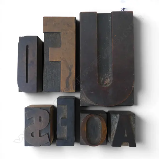 7 old wooden printers blocks, various sizes. Largest H.128mm