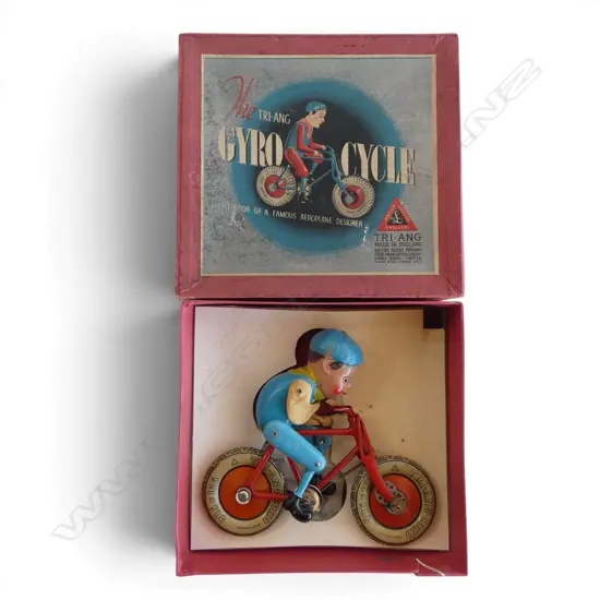 TRI-ANG VINTAGE BOXED 220 x 235mm GYRO CYCLE TIN-PLATE TOY in very good condition