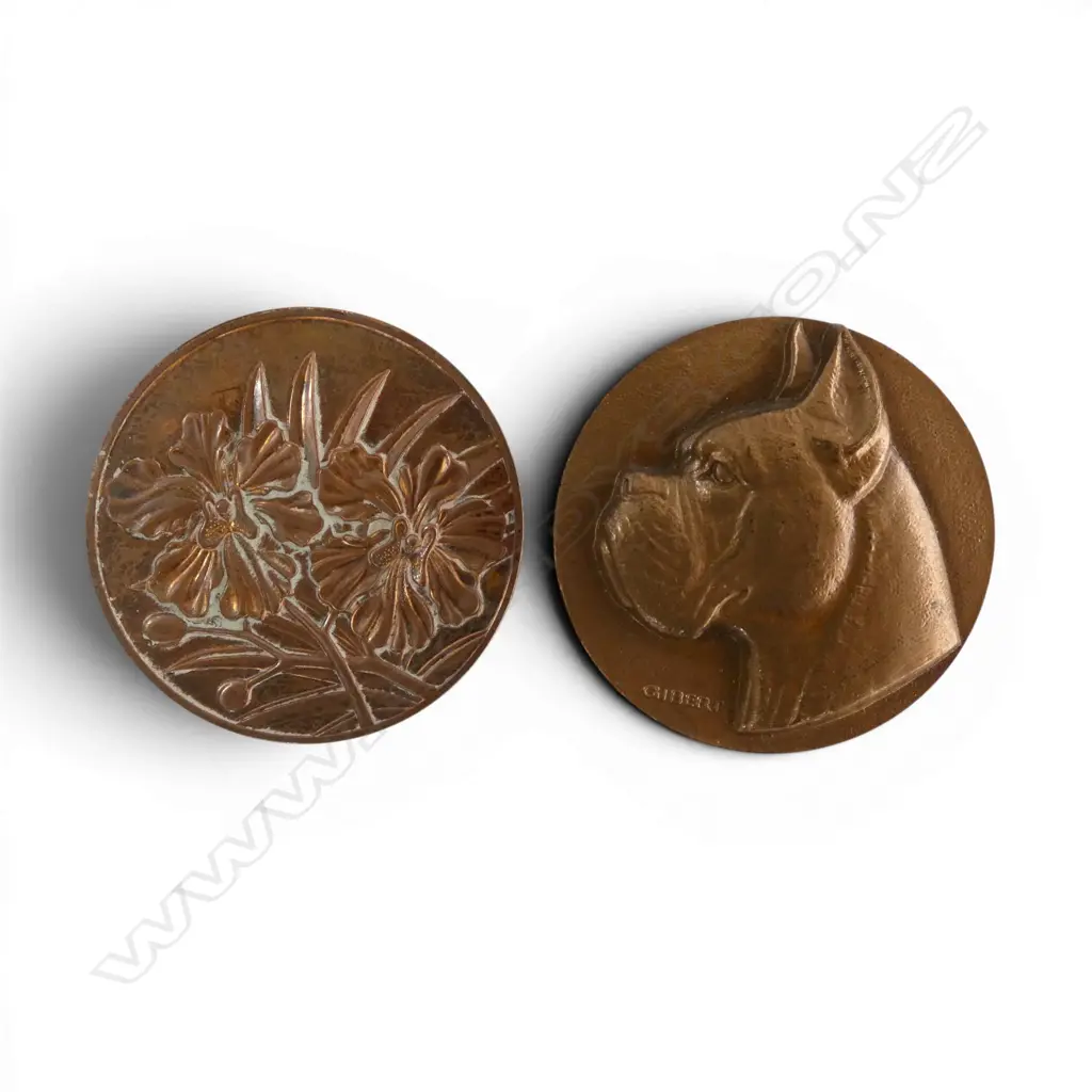 BRONZE BOXER DOG MEDALLION signed Dia.50 + SINGAPORE 25yr ANNIV. INDEPENDENCE 1990 MEDALLION Image 1++