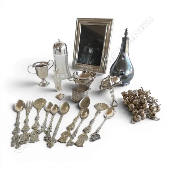 COLLECTION OF SILVER PLATE ITEMS Incl. FRAME, BABY RATTLE, etc