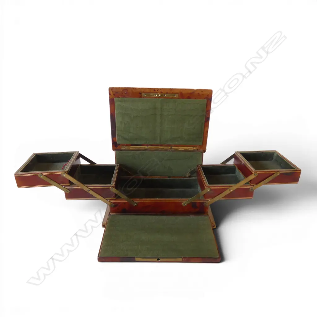 VINTAGE FLORENTINE TOOLED LEATHER JEWELLERY BOX, DROP FRONT w CANTILEVERED TRAYS, KEY, 200x130x120mm Image 1++