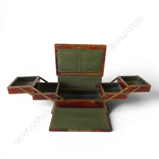 VINTAGE FLORENTINE TOOLED LEATHER JEWELLERY BOX, DROP FRONT w CANTILEVERED TRAYS, KEY, 200x130x120mm