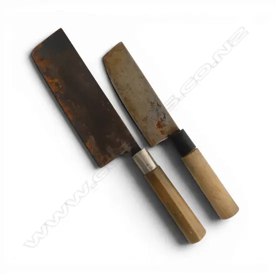 TWO VINTAGE Japanese steel and wood handled chef's 'Nakiri' vegetable knifes. Signed blades. L.330 & 273mm.