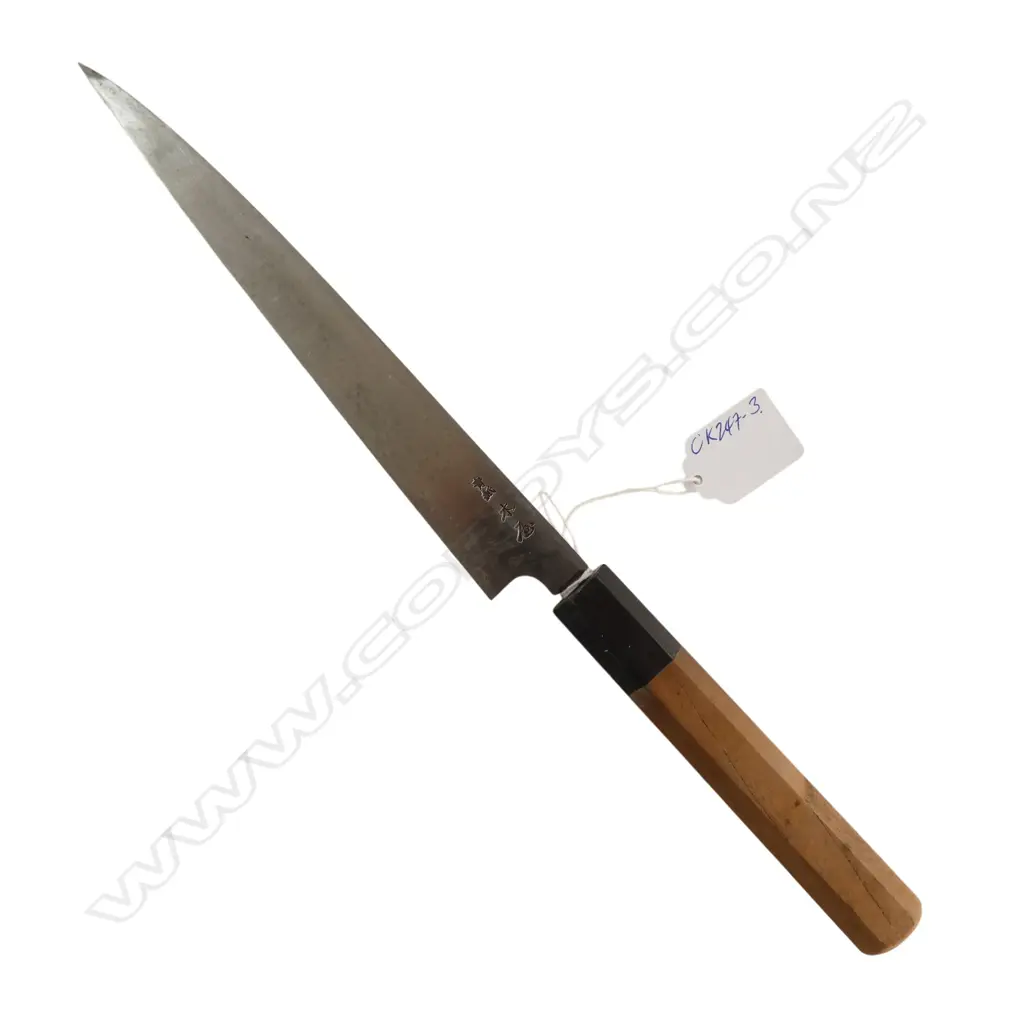 QUALITY VINTAGE Japanese steel and wood handled chef's 'Yanagiba' fish slicing sashimi knife. Signed blade. L.340mm. Image 1++