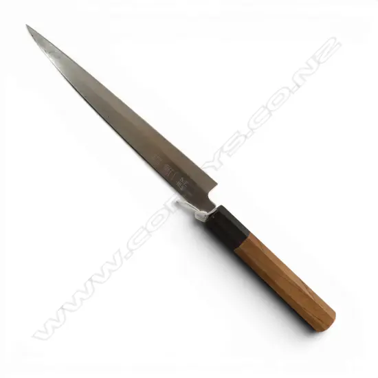 QUALITY VINTAGE Japanese steel and wood handled chef's 'Yanagiba' fish slicing sashimi knife. Signed blade. L.340mm.