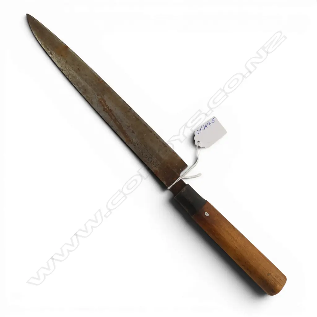 QUALITY VINTAGE Japanese steel and wood handled chef's 'Yanagiba' fish slicing sashimi knife. Signed blade. L.390mm. Image 1++