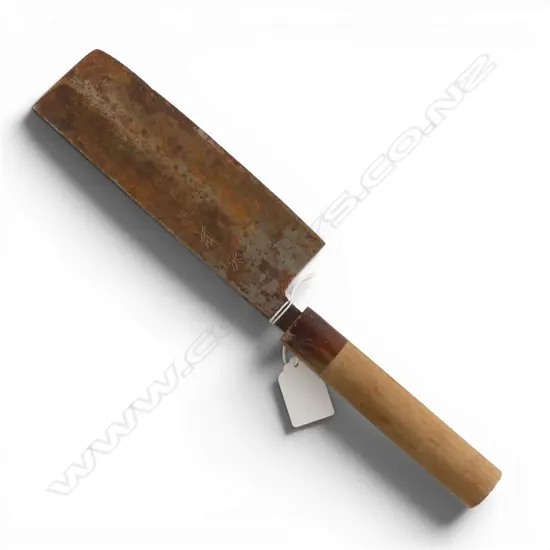 QUALITY VINTAGE Japanese steel and wood handled chef's 'Nakiri' vegetable knife. Signed rusty blade. L.320mm.