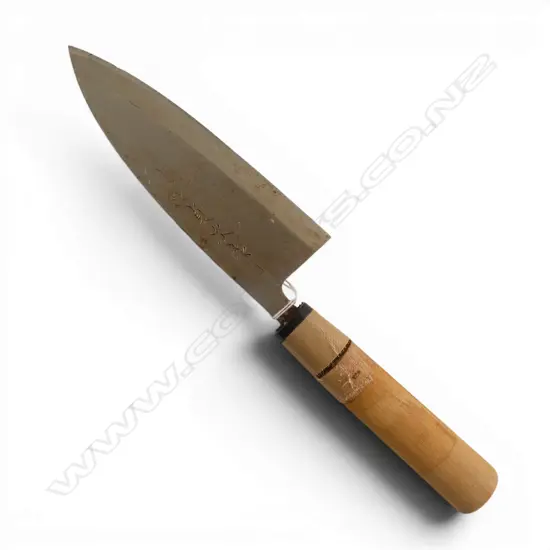 QUALITY VINTAGE Japanese steel and wood handled chef's 'Deba bocho' KNIFE for fish filleting. Signed blade. L.313mm.