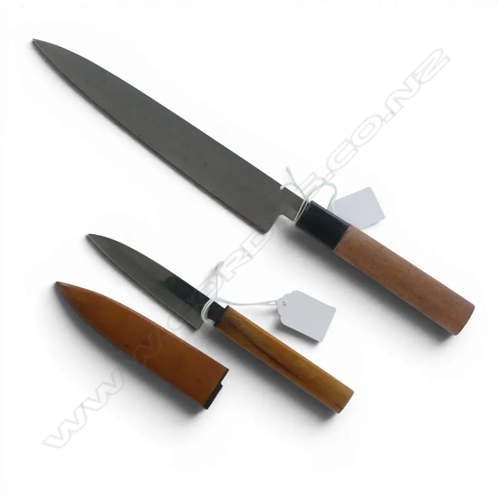 VINTAGE JAPANESE CARBON STEELE SUSHI KNIFE, L.345mm signed along blade + SML JAPANESE PARING KNIFE Image 1++