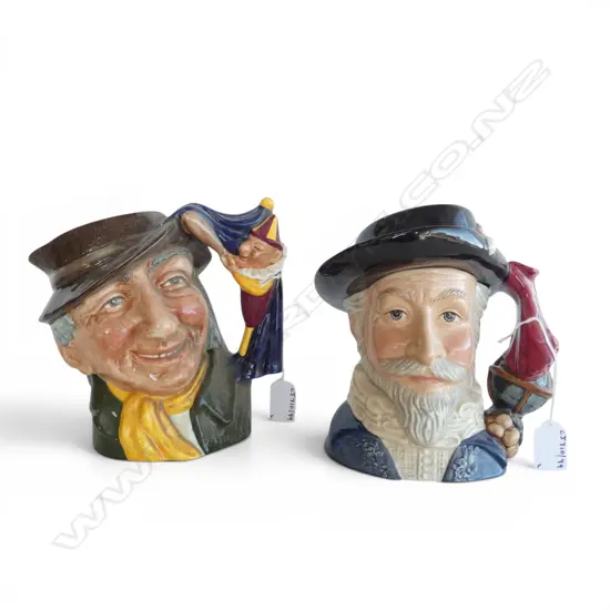 2 LARGE SIZE ROYAL DOULTON CHARACTER JUGS SIR WALTER RALEIGH & PUNCH & JUDY MAN H190MM