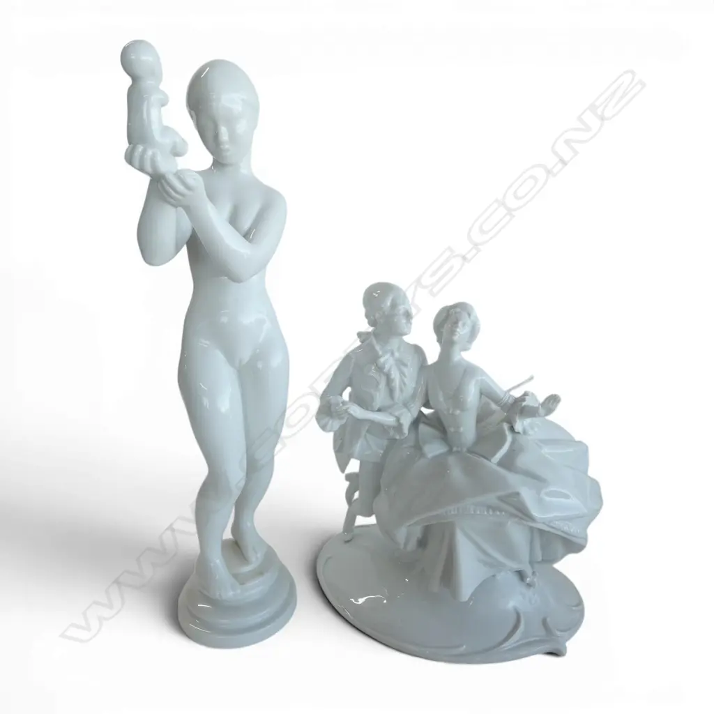 2 WHITE GLAZED PORCELAIN FIGURE GROUPS dancing & mother w. child H.260mm Image 1++