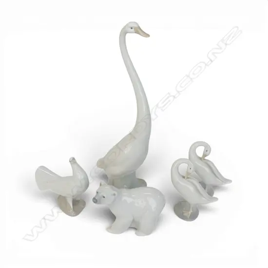 3 LLADRO; 2 GEESE + BEAR, 2 NAO, DOVE & LONG NECKED GOOSE H.335mm