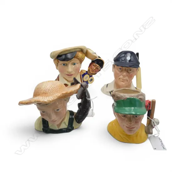 4 MEDIUM SIZE ROYAL DOULTON CHARACTER JUGS OLIVER TWIST CRICKETER HUCK FINN &GOLFER H110MM