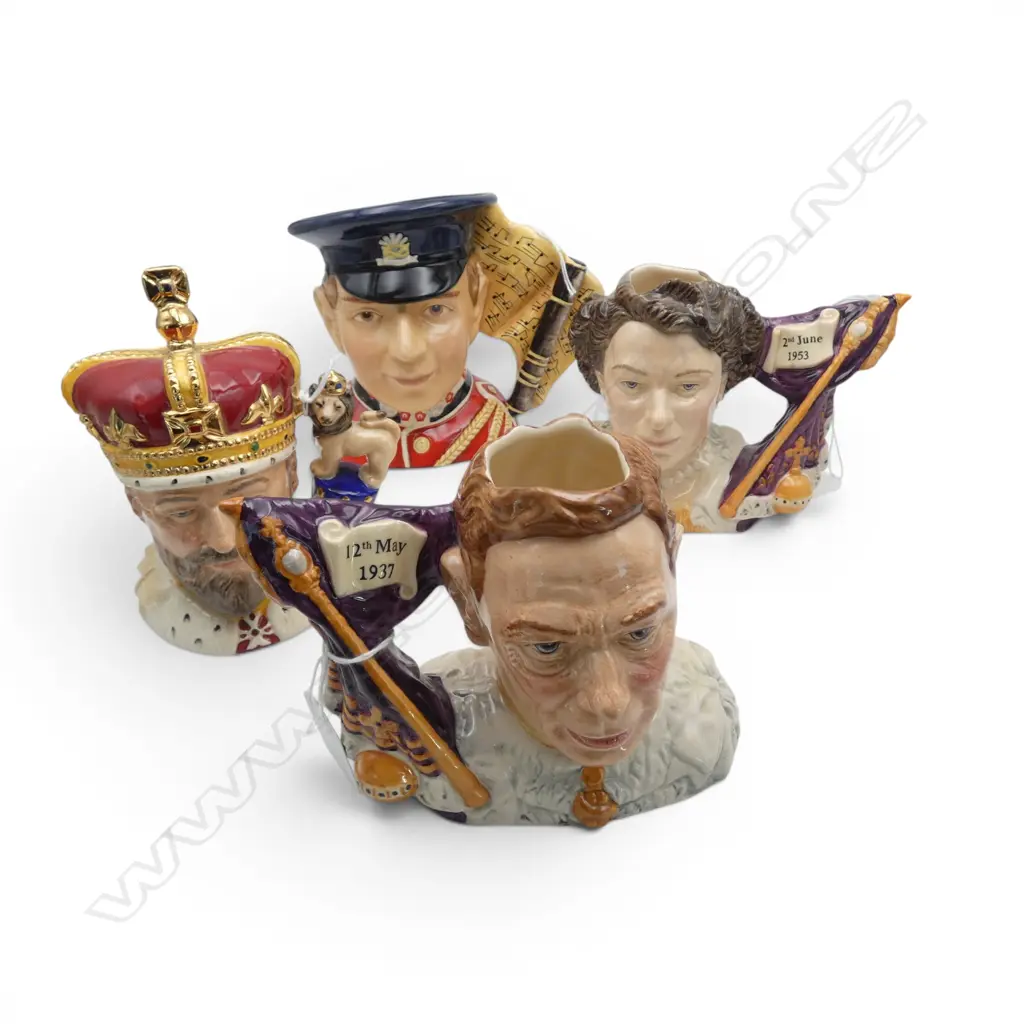 4 MEDIUM SIZE ROYAL DOULTON CHARACTER JUGS QE2 KING EDWARD V11 GEORGE V1  & NORTH STAFF FIFE PLAYER H130MM Image 1++