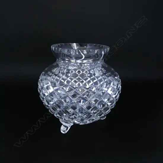 VINTAGE CUT CRYSTAL ORB VASE raised on 3 short scroll feet H.175mm