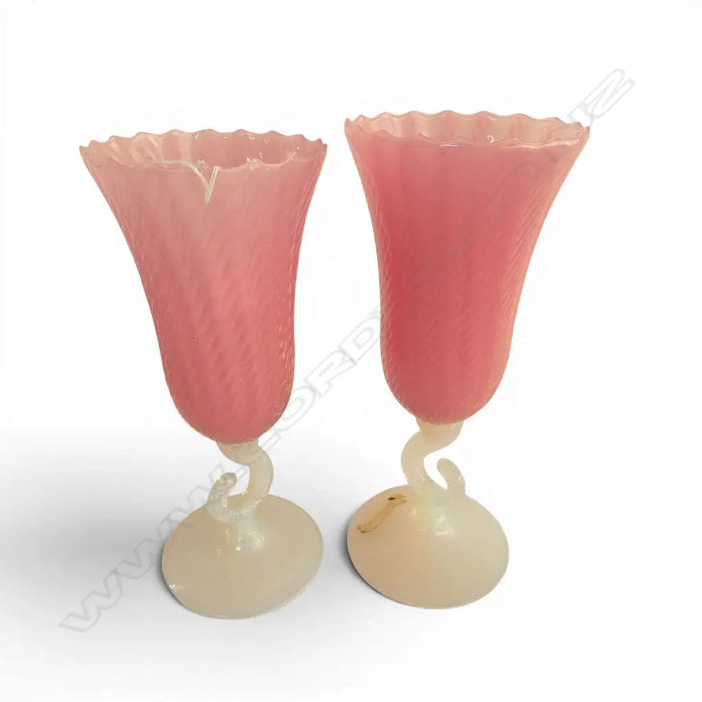 PR OF TALL VASELINE PINK GLASS VASES H310MM Image 1++