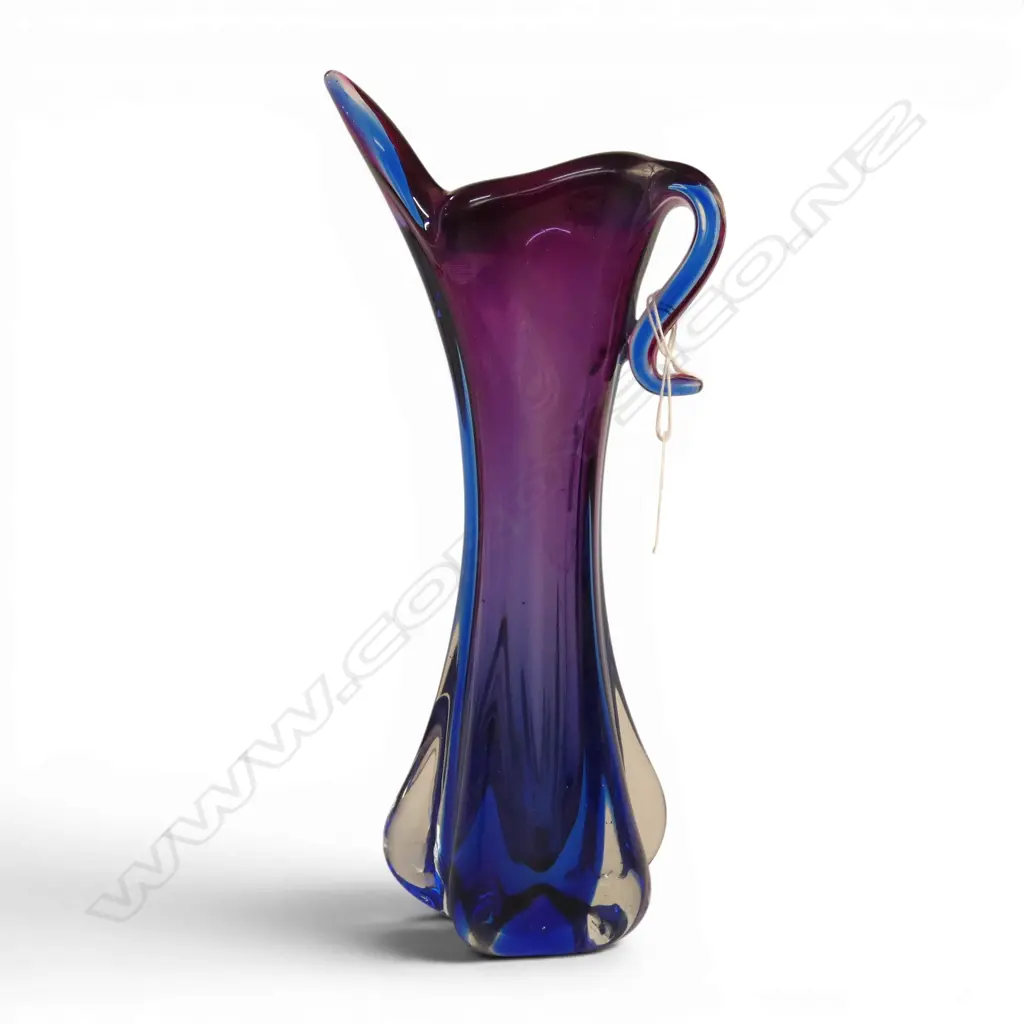 MID-CENTURY BLUE & CLEAR & PURPLE CASED ART GLASS VASE Image 1++
