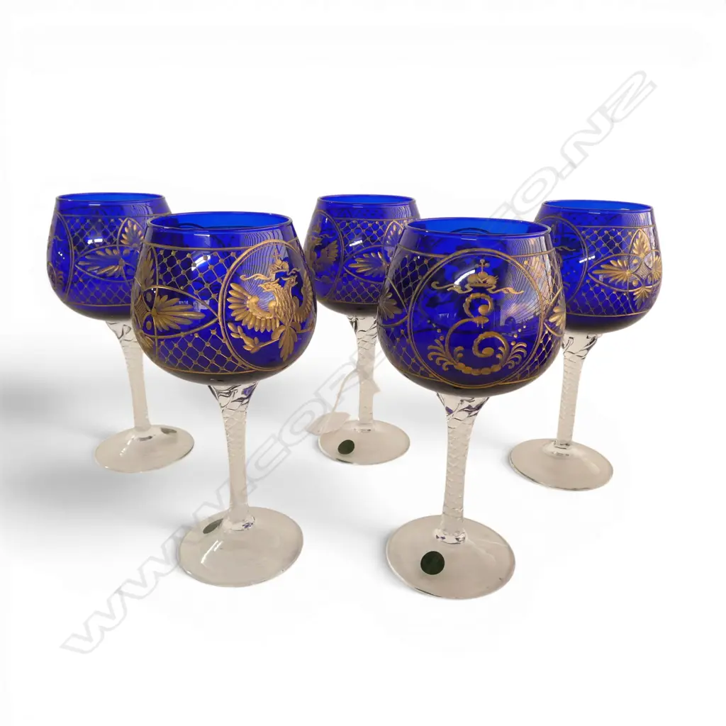 SET OF 5 BLUE & CLEAR GLASS FAERGE RUSSIAN ARMOURIAL WINE GLASSES H160MM Image 1++