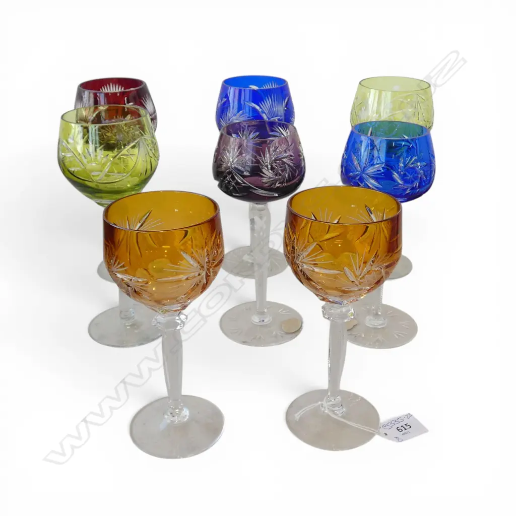 SET OF EIGHT COLOURED HARLEQUIN WINE GLASSES H.210mm Image 1++
