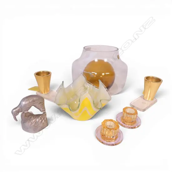 8 DECOR PIECES; 5 CANDLE HOLDERS (2 PRS + 1), HUBSCH GLASS VASE, GLASS HANKY VASE, ALUMINIUM KIWI H.90mm