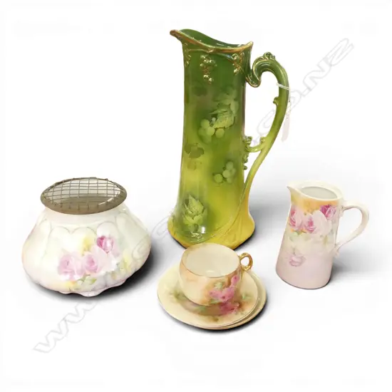 ASST. ROYAL BAYREUTH CHINA; ART NOUVEAU JUG, VASE, TRIO + OTHER JUG no lid H.330mm