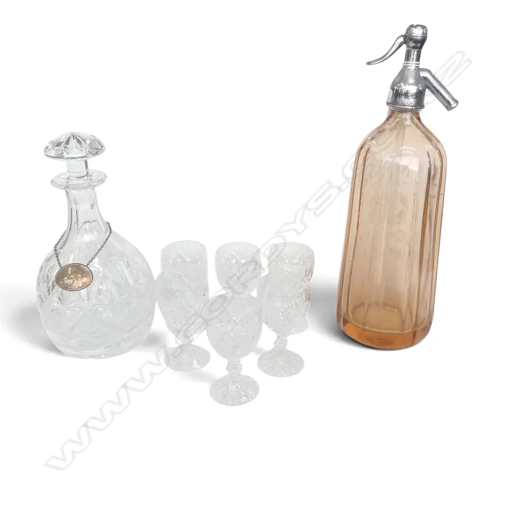 CRYSTAL DECANTER w. STG SILVER SHERRY LABLE & 6 GLASSES + SODA SYPHON H.335mm Image 1++