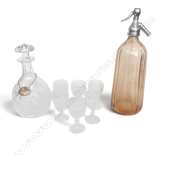 CRYSTAL DECANTER w. STG SILVER SHERRY LABLE & 6 GLASSES + SODA SYPHON H.335mm
