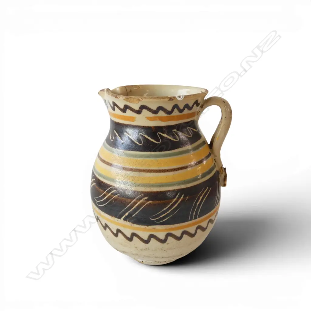 18th/19thC Puente del Arzobispo Spanish earthenware wine jug. Traditional banded decoration. H.195mm minor faults Image 1++