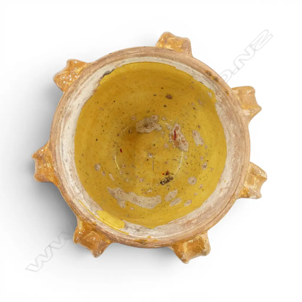 FRENCH TERRACOTTA 6 HANDLED EARTHERNWARE BOWL WITH YELLOW GLAZE (SOME GLAZE MISSING) 300mm (D) Image 1++