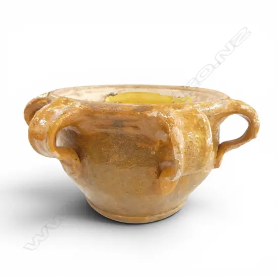FRENCH TERRACOTTA 6 HANDLED EARTHERNWARE BOWL WITH YELLOW GLAZE (SOME GLAZE MISSING) 300mm (D)