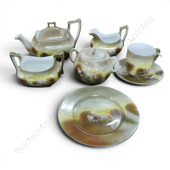 ROYAL BAYREUTH COW PAT. TEA CHINA; TRIO, CREAM, TEAPOT & 2 SUGARS 