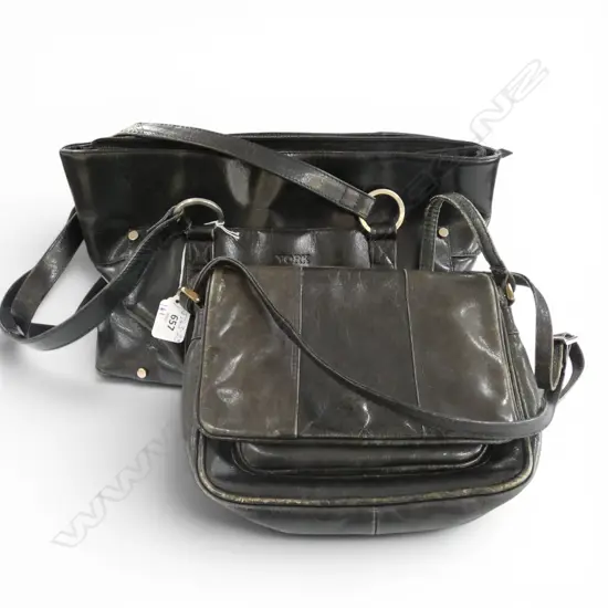 BLACK LEATHER HANDBAG "YORK" design with small leather shoulder bag showing wear
