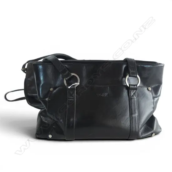 BLACK LEATHER HANDBAG "YORK" design with small leather shoulder bag showing wear