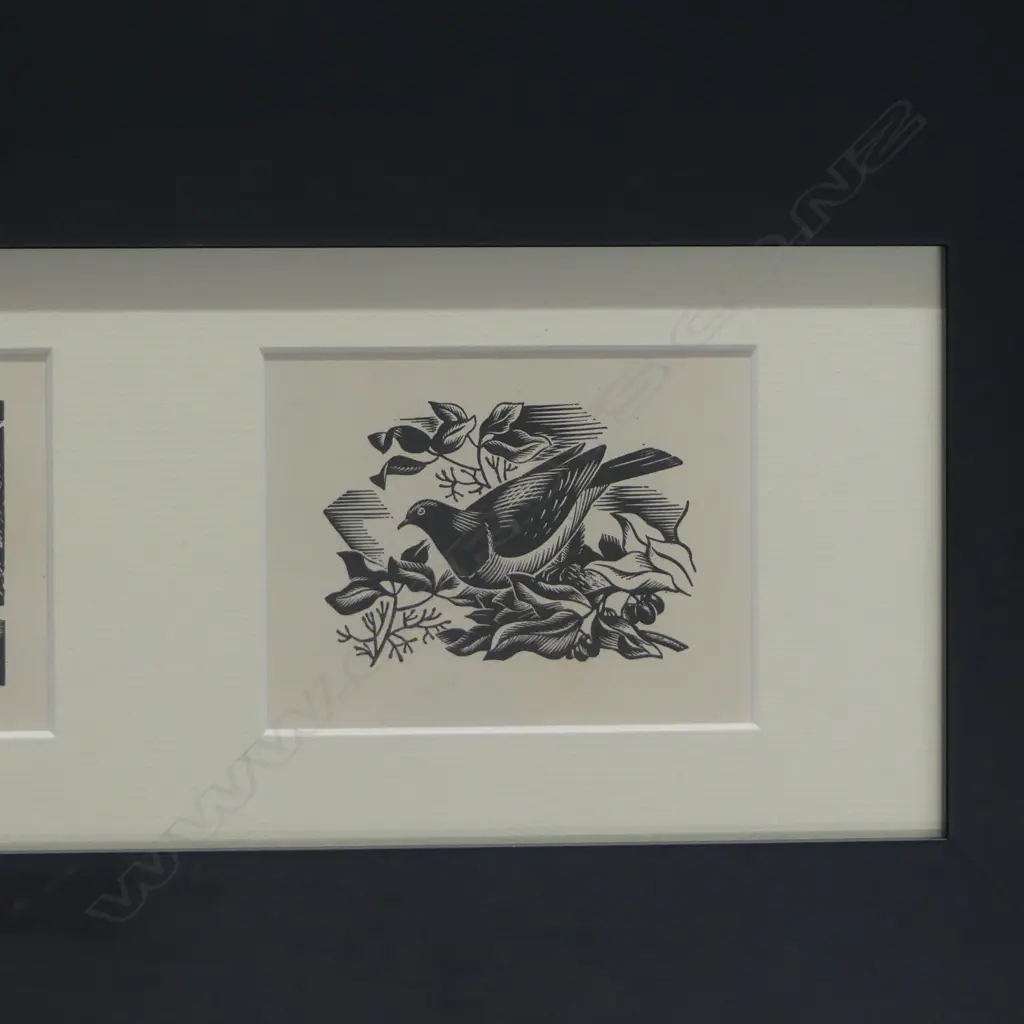 E. MERVYN TAYLOR, FRAMED TRIPTYCH OF 3 N.Z. NATIVE BIRDS, ORIGINAL BOOKPLATES FROM ENGRAVINGS ON WOOD 1957, 635x255mm Image 1++