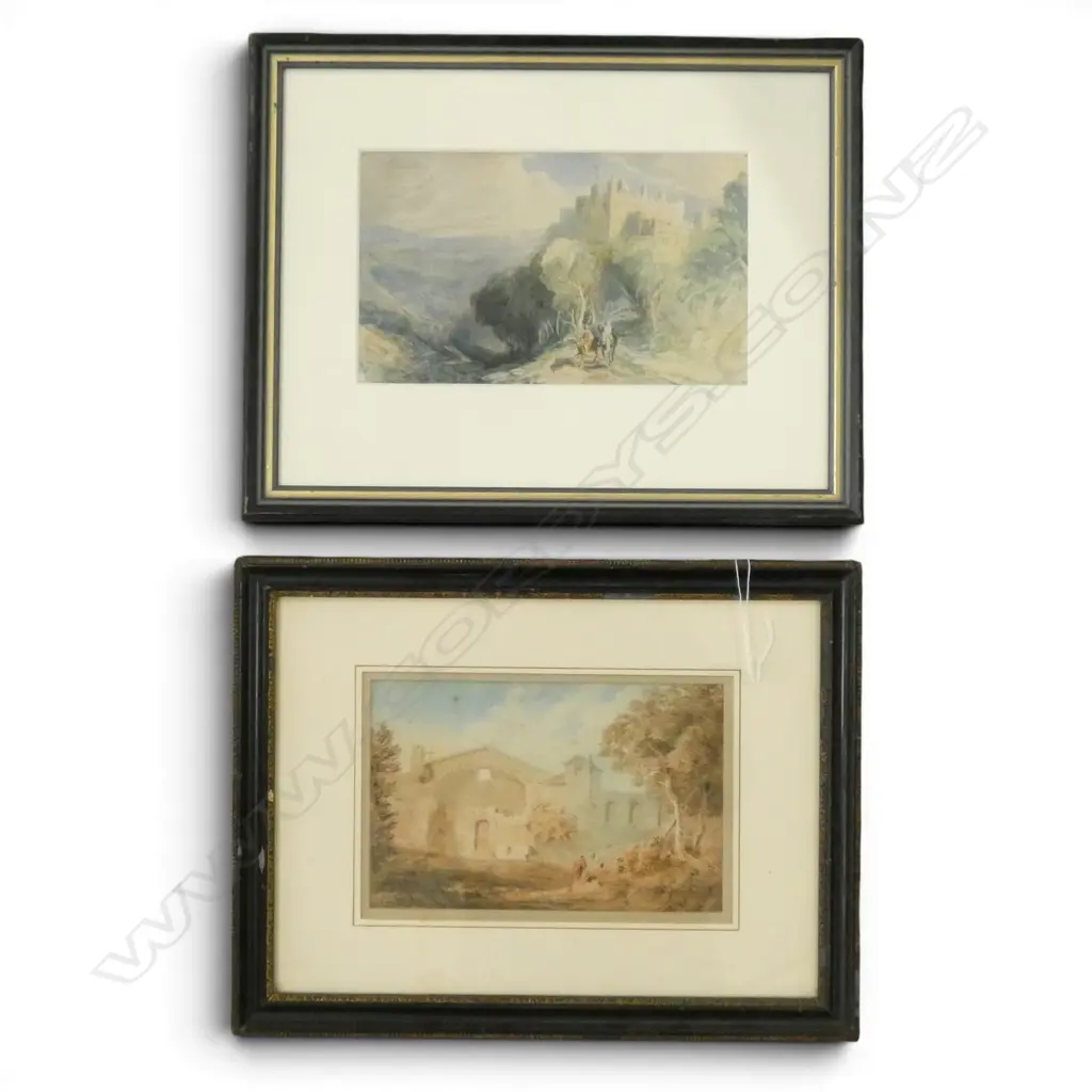 2 19thC ROMANTIC LANDSCAPE WCs; WILLIAM TAVERNER (ENGLAND 1703-73) RUIN 125x200mm, UNKNOWN, DUNSTER CASTLE 130x220mm  Image 1++
