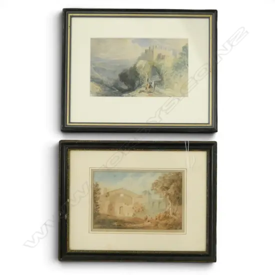 2 19thC ROMANTIC LANDSCAPE WCs; WILLIAM TAVERNER (ENGLAND 1703-73) RUIN 125x200mm, UNKNOWN, DUNSTER CASTLE 130x220mm 