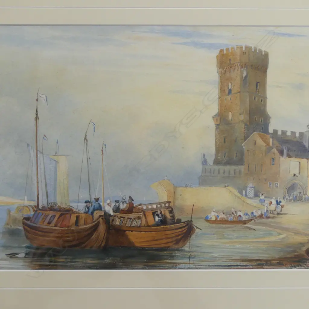19th CENTURY SCHOOL, CONTINENTAL PORT SCENE, WATERCOLOUR, UNSIGNED, 265 X 405mm Image 1++