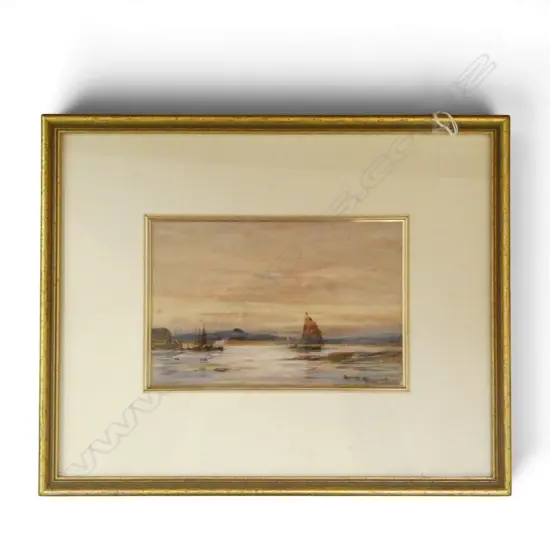 W/C ON BOARD OF BOATING SCENE, SIGNATURE INDISTINCT, 130X200MM