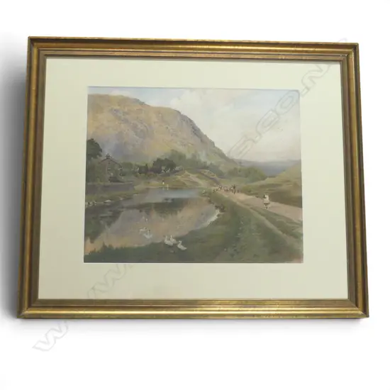 19TH C.BRITISH SCHOOL, GIRL ON A PATH WITH GEESE, WATERCOLOUR, MONOGRAMMED AND DATED 1887 LOWER RIGHT, 425 X 520mm